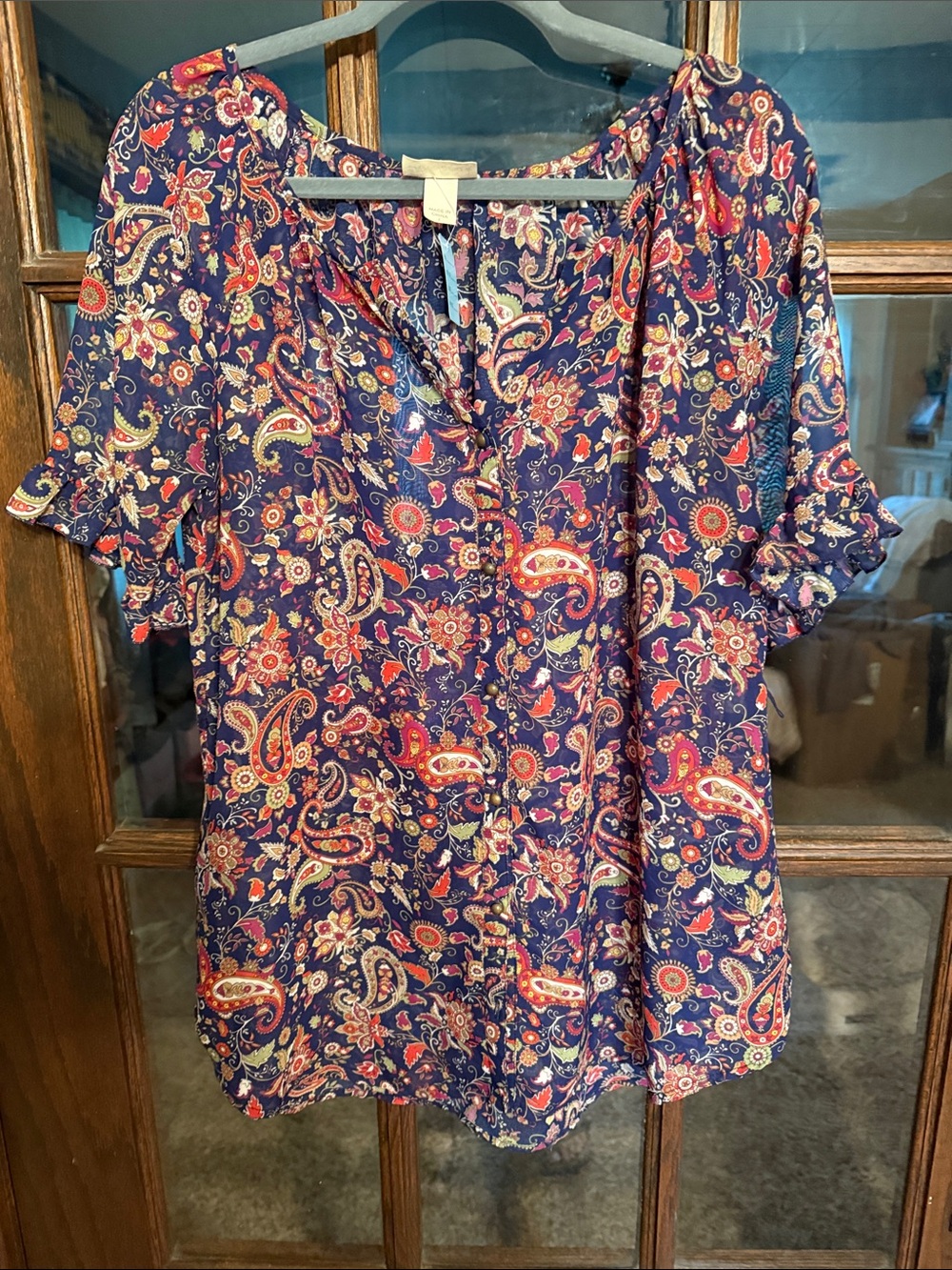 Pretty Rebellious Navy Paisley Button Front Ruffle Sleeve Blouse Large Hippie